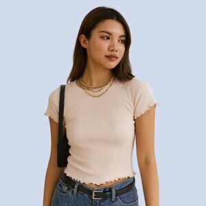 Forever 21 Pale Pink Ribbed Lettuce-Hem Crop Tee – Size M